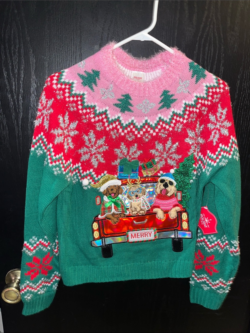 Holiday Green & Pink Knit Women's Sweater with Festive Truck Motif